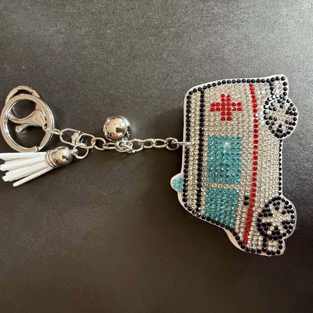 Bling Jewelry Silver Crystal Ambulance Keychain with Red and Aqua Accents